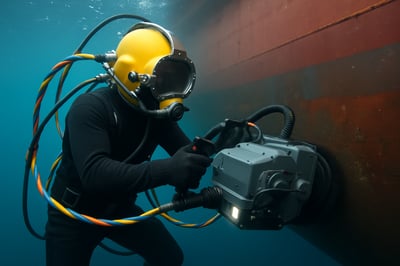 Technician performing in-water hull cleaning on a commercial vessel using advanced equipment Technician performing in-water hull cleaning on a commercial vessel using advanced equipment